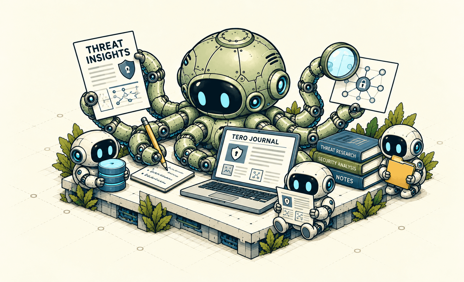 Tero’s robotic Sensor researching cybersecurity articles with three robotic Decoys.