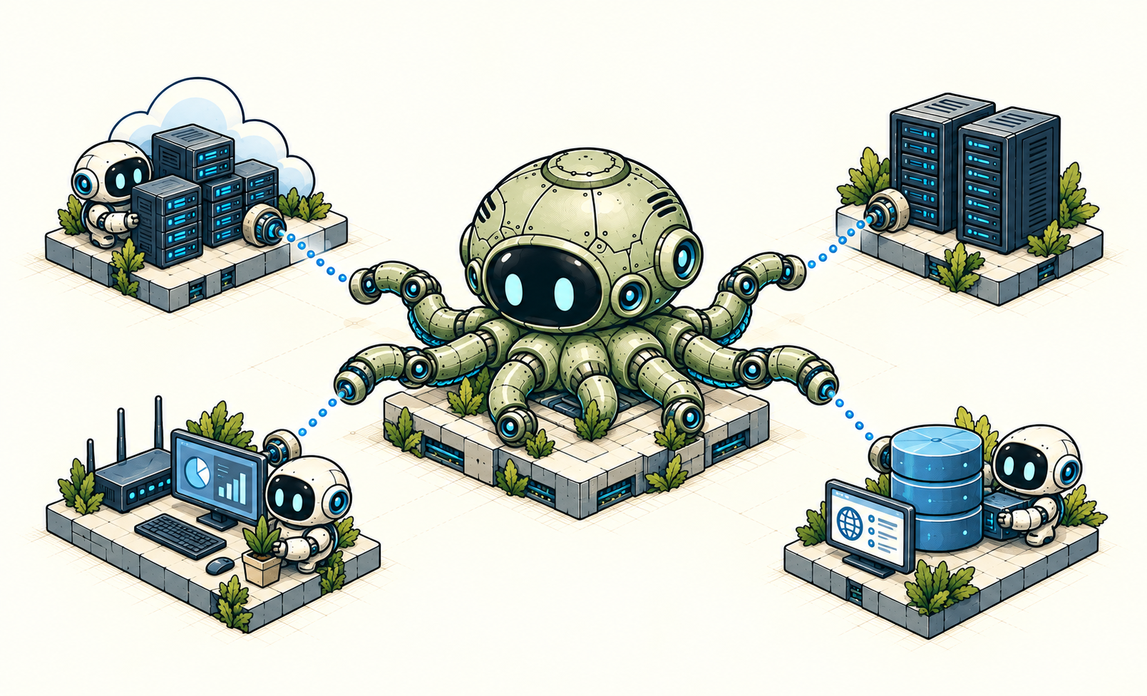 Tero robotic Sensor connected to cloud servers, a data centre, an office network and database services, with three robotic Decoys.