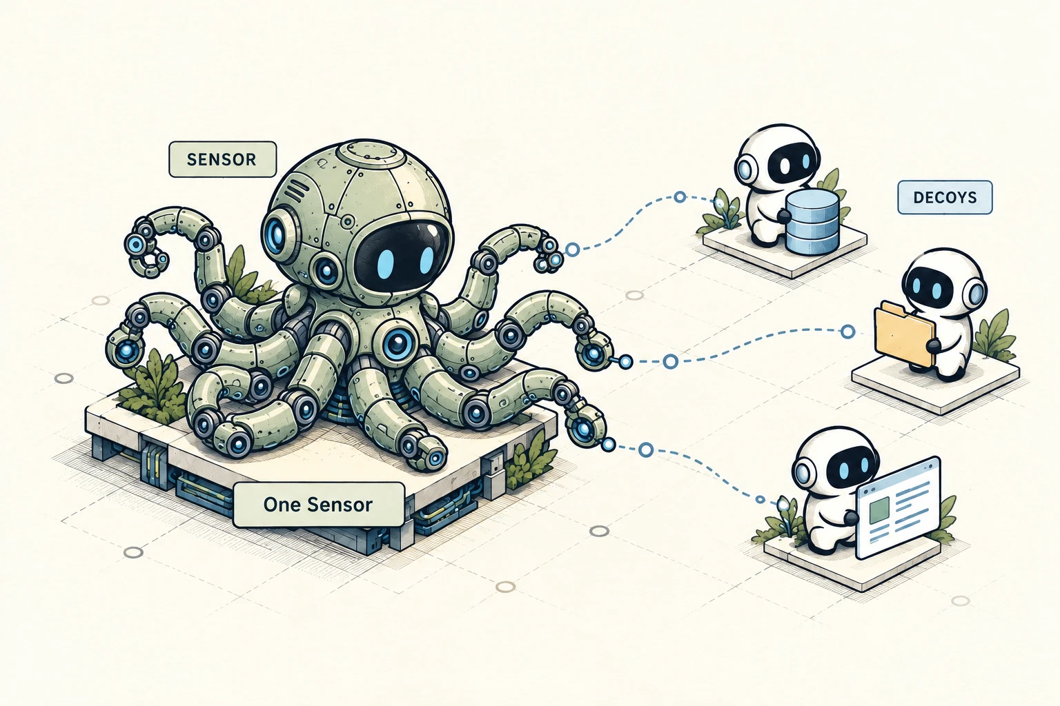 A robotic octopus represents one Sensor, connected to three robot Decoys for databases, documents and internal services.
