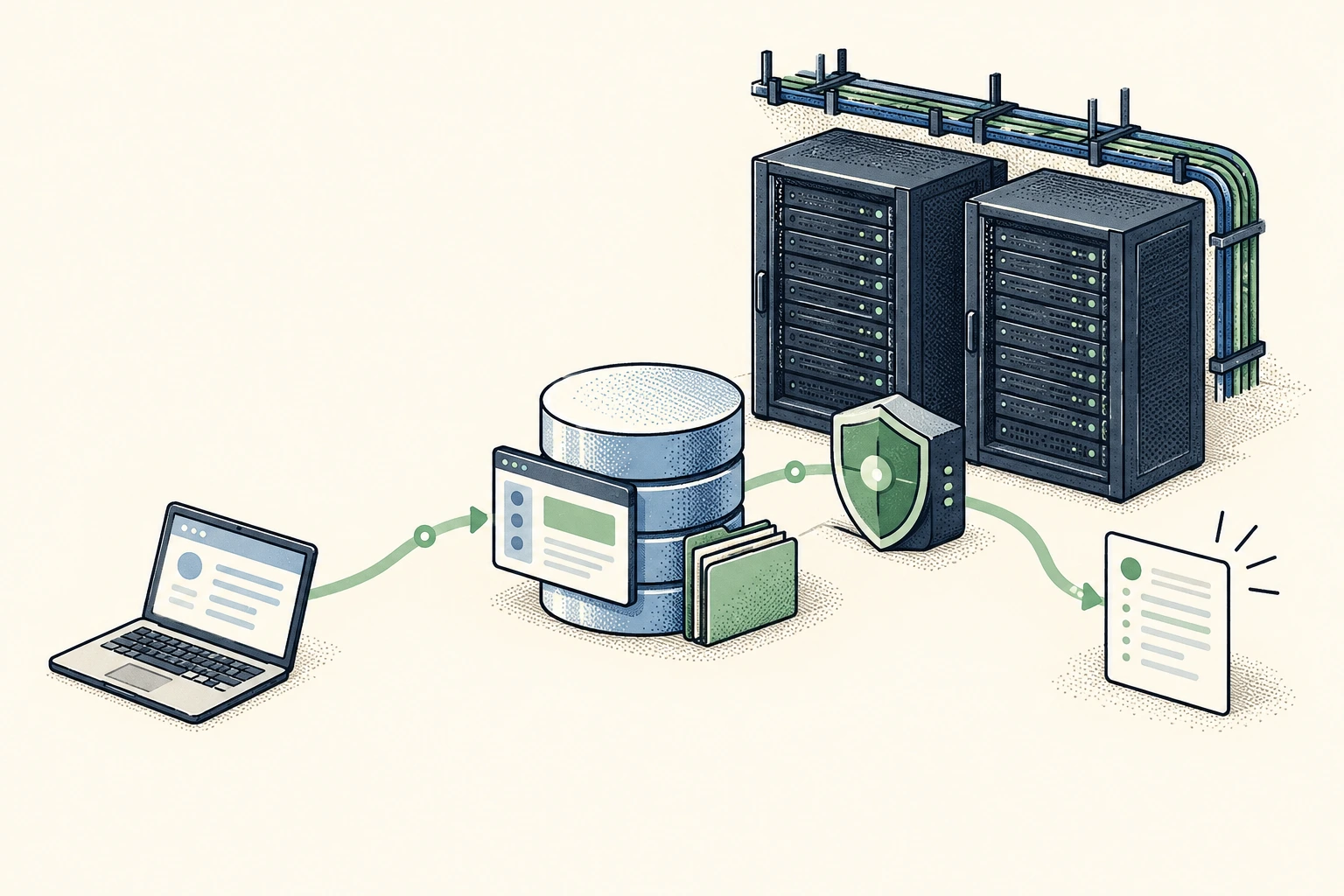 Hand-drawn data centre with server racks, realistic database and file-service Decoys, a Sensor and recorded evidence.