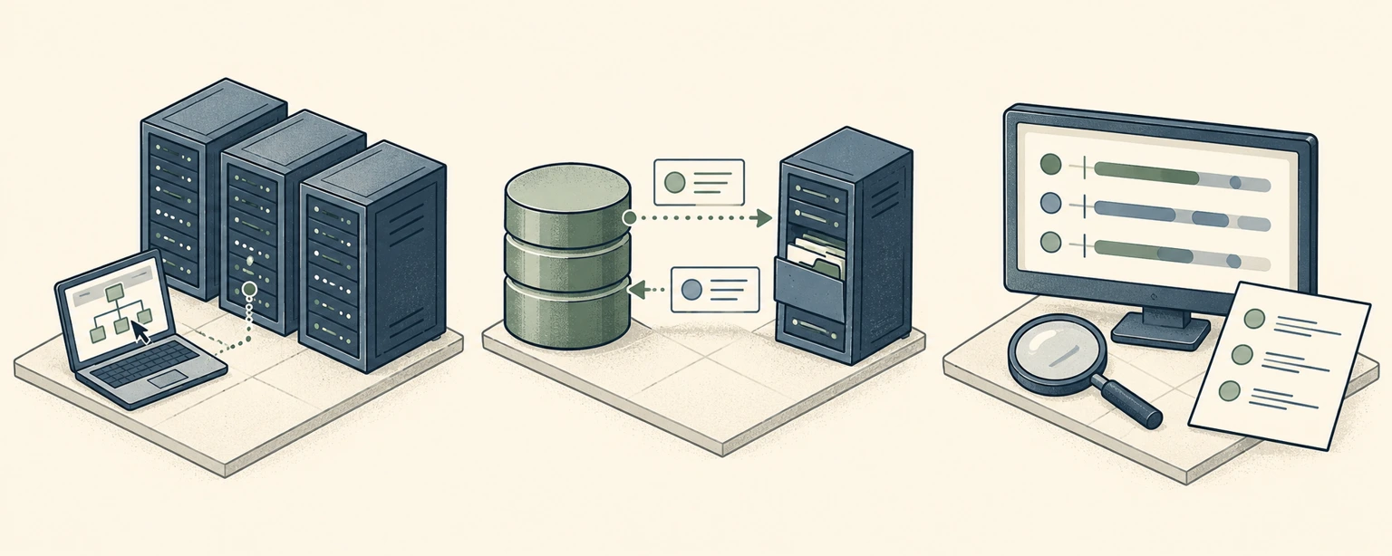 Three comic scenes show service discovery, interaction with a Decoy database, and an analyst reviewing recorded activity.