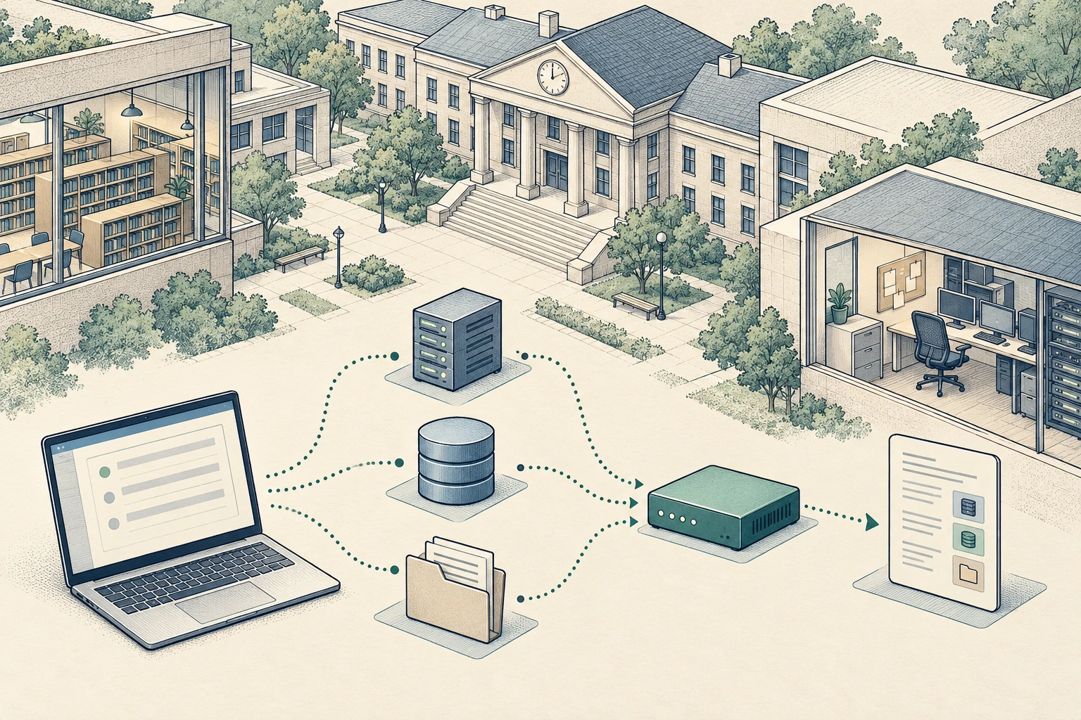 Hand-drawn campus, library and empty IT office with synthetic repository, database and document Decoys connected to a Sensor and evidence document.