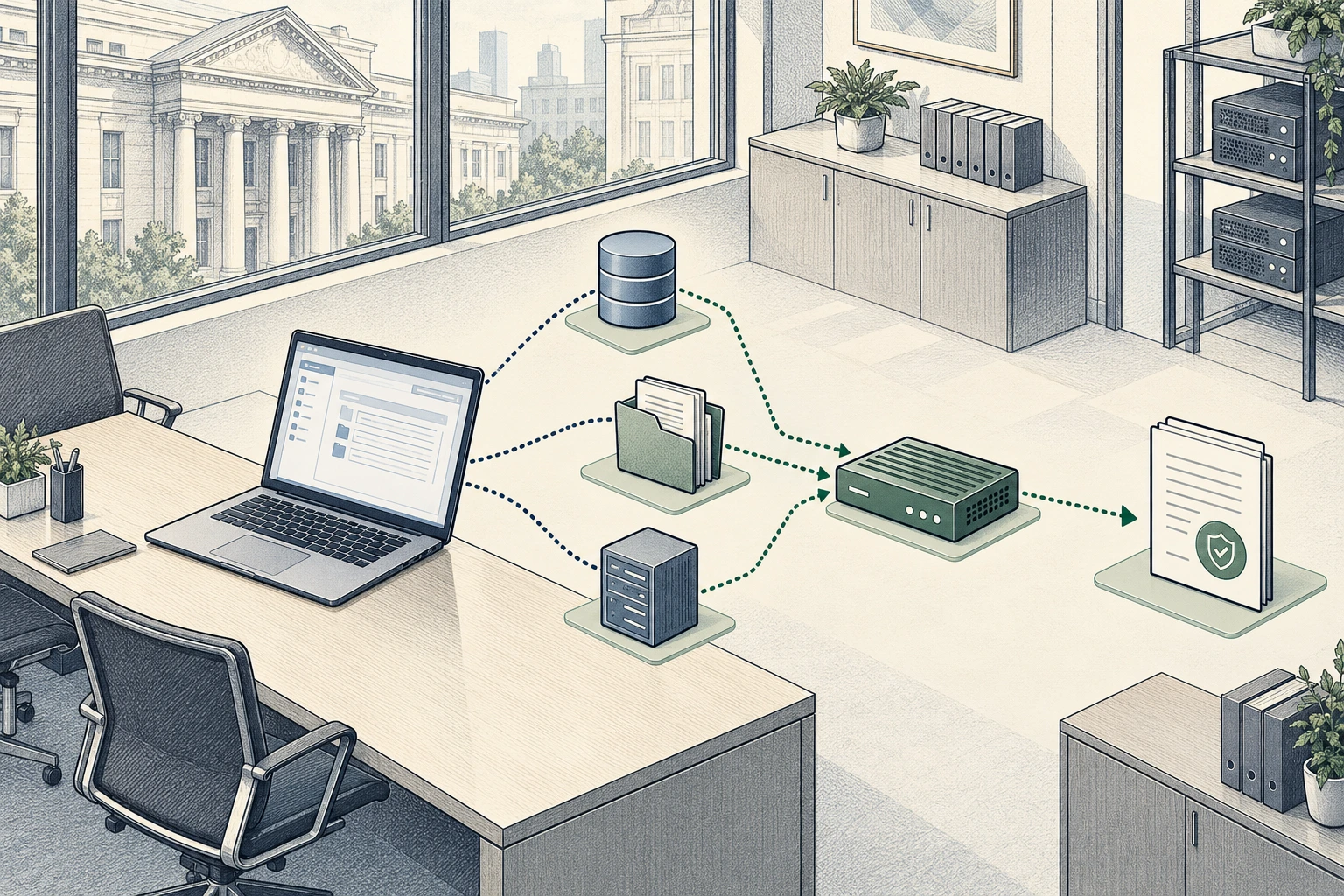 Hand-drawn financial-services office with empty workstations and synthetic reporting-database, document and portal Decoys linked to a Sensor and evidence document.