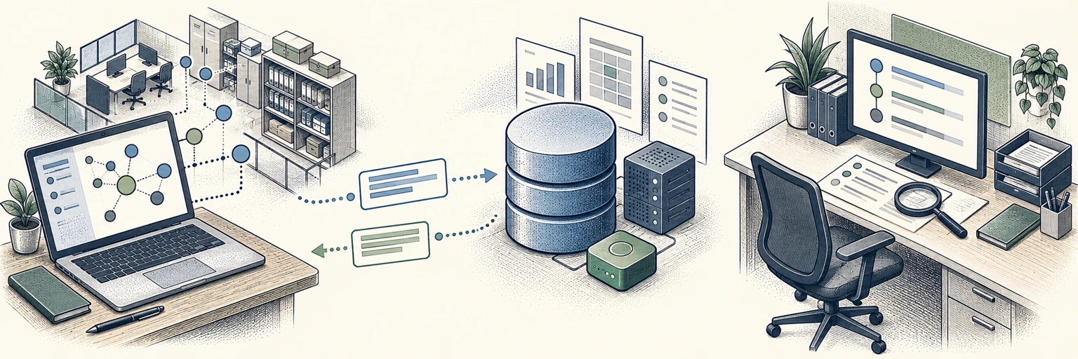 Three people-free comic scenes show discovery of financial support services, interaction with a synthetic reporting-database Decoy and an evidence-review workstation.