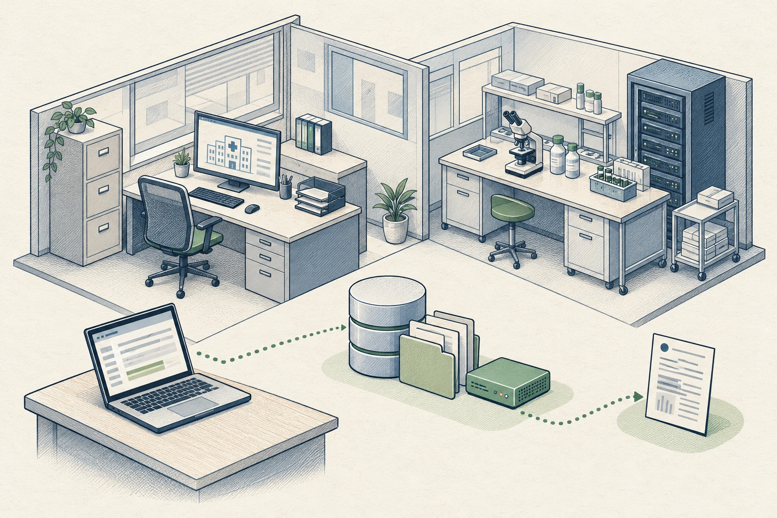 Hand-drawn healthcare office and pharmaceutical research workspace with synthetic database and document Decoys, a Sensor and recorded evidence.