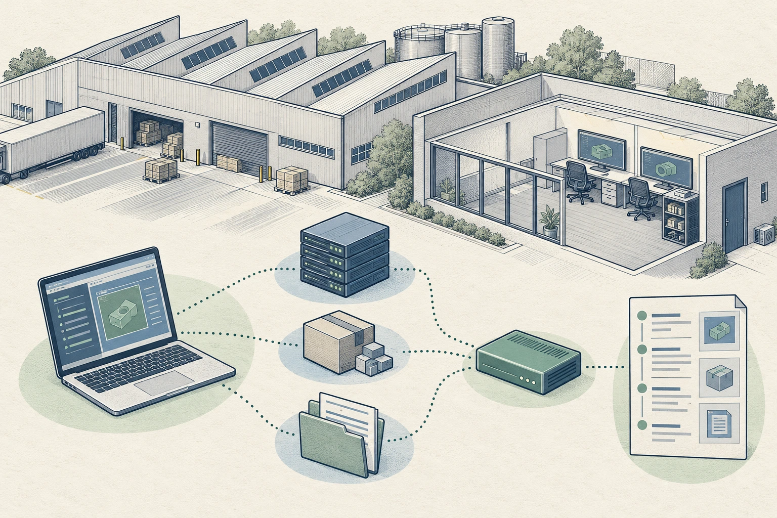 Hand-drawn manufacturing facility beside an empty engineering office, with synthetic repository, package and document Decoys linked to a Sensor and evidence page.