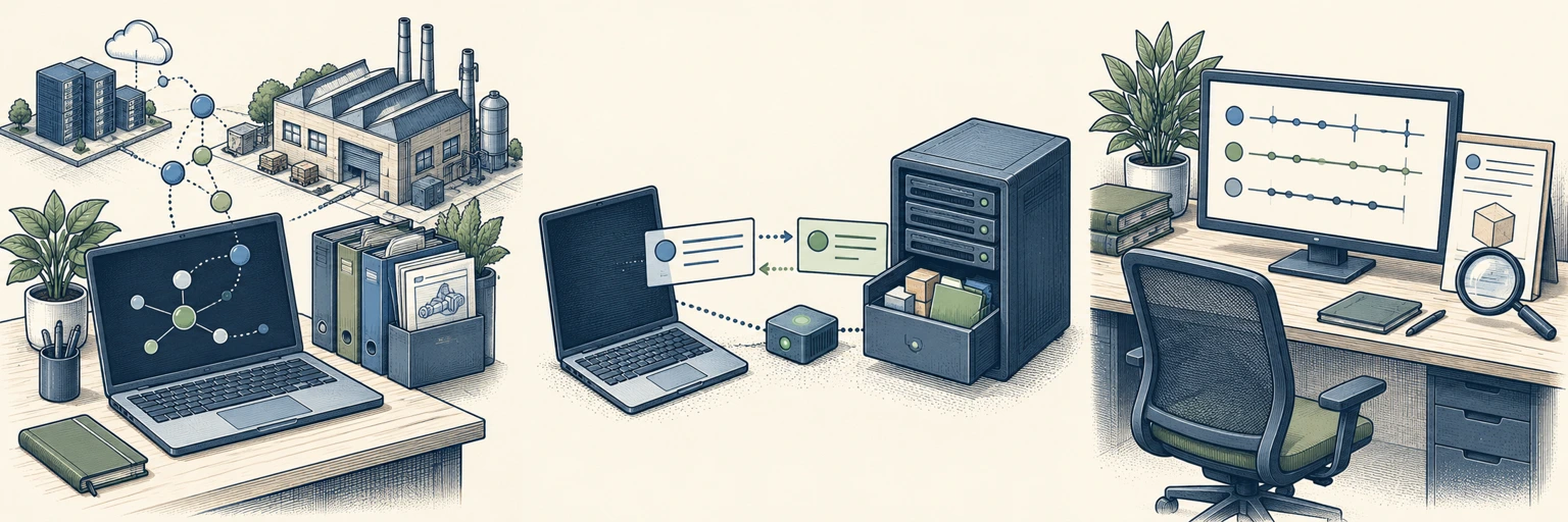 Three people-free comic scenes show discovery of engineering-support services, interaction with a synthetic artifact-repository Decoy and an evidence-review workstation.