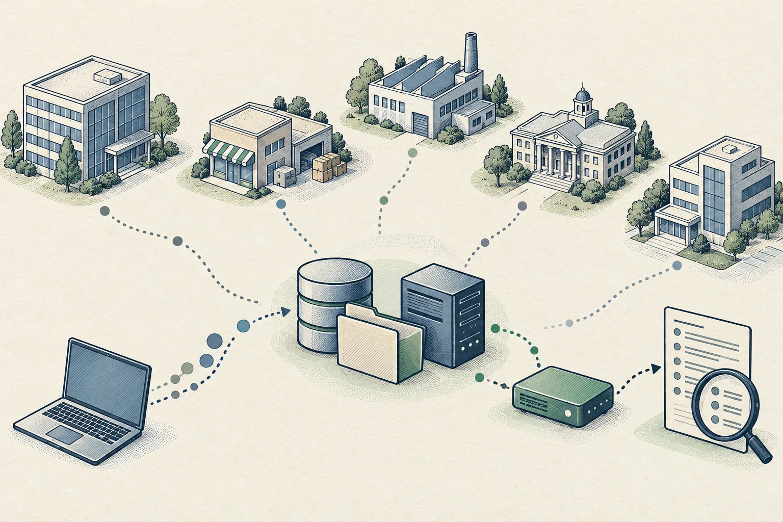 Hand-drawn business environments connected to realistic database, file and service Decoys, a Tero Sensor and investigation evidence. No people are shown.