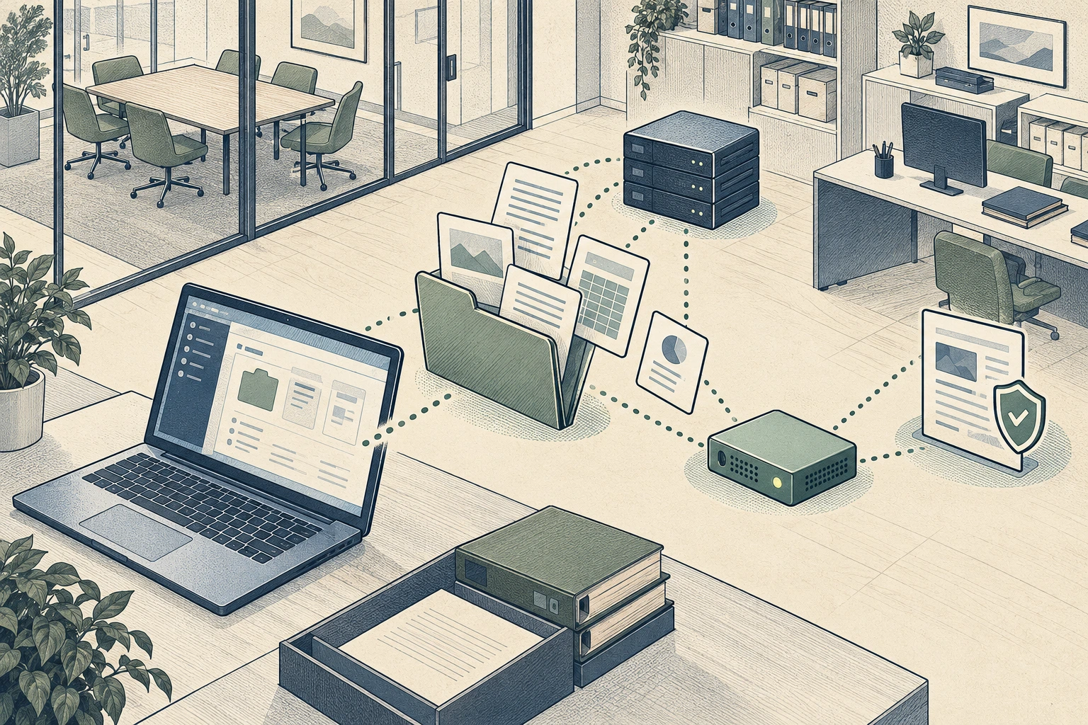 Hand-drawn professional-services office with an empty meeting room and synthetic document and portal Decoys linked to a Sensor and evidence page.