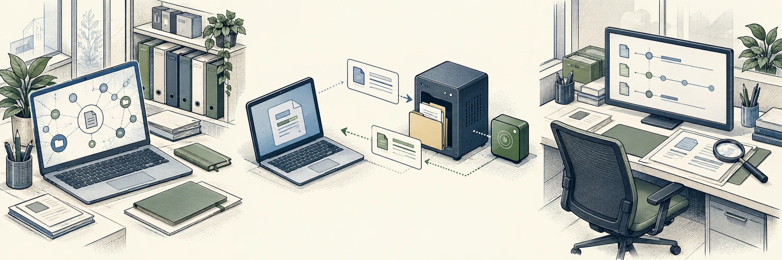 Three people-free comic scenes show discovery of business-document services, interaction with a synthetic client-engagement share and an evidence-review workstation.