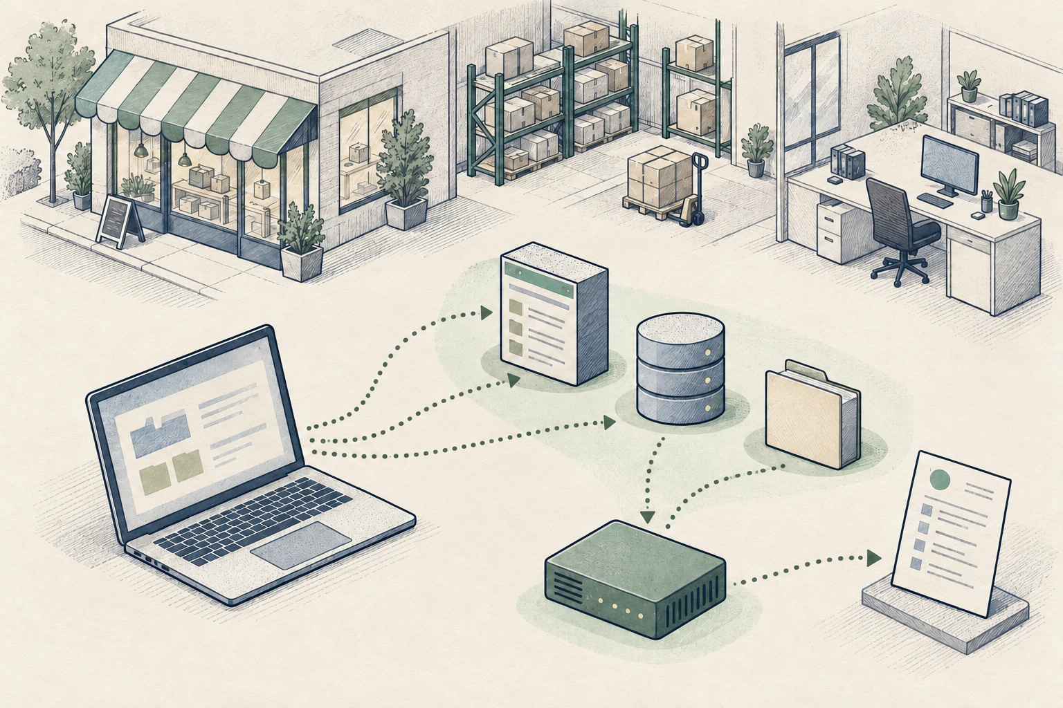 Hand-drawn store, warehouse and back office, with synthetic supplier-portal and database Decoys connected to a Sensor and recorded evidence.