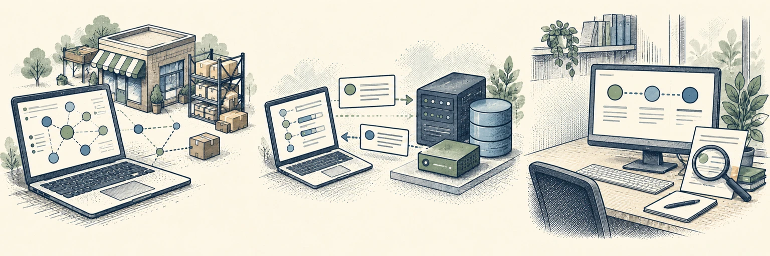 Three comic scenes show discovery of retail support services, interaction with a synthetic supplier-portal Decoy and investigation of the recorded activity.