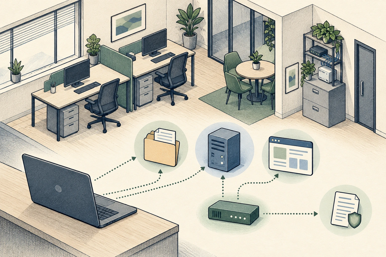 Hand-drawn small company office with empty desks and synthetic file, portal and document Decoys linked to a Sensor and recorded evidence.