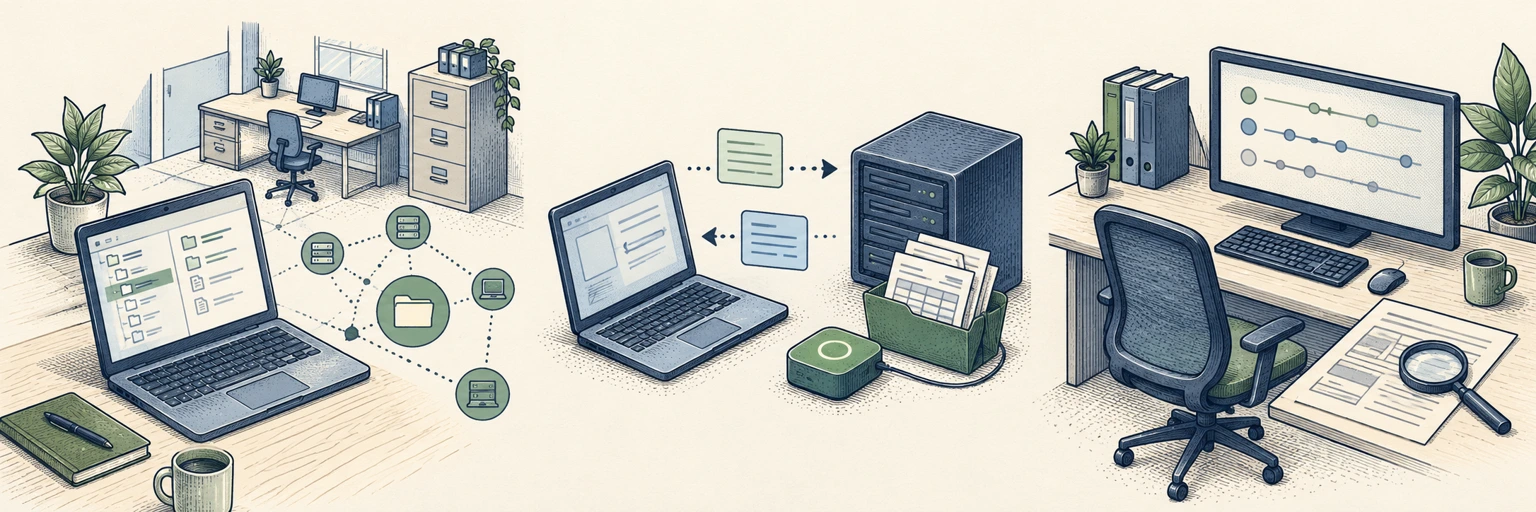 Three people-free comic scenes show discovery of office services, interaction with a synthetic finance-file Decoy and an evidence-review workstation.